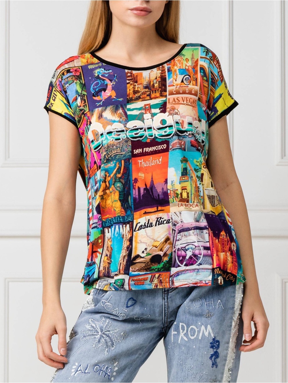 Desigual Phoebe Postcard Print Graphic T-Shirt Multicolor Women Size S
